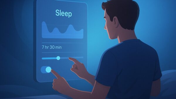 コア睡眠が多いときの見直し
Prompt（英語）:A symbolic image of a person adjusting digital sleep settings on a screen surrounded by gentle blue light, suggesting self-improvement and adjustment, realistic rendering, horizontal PNG, no text.