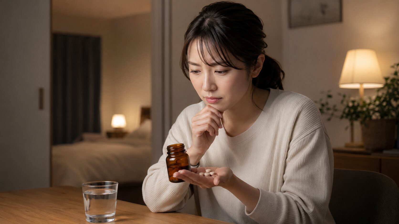 寝る前にエビオス錠を飲むべきか迷う日本人女性が、錠剤と水を前に確認している様子