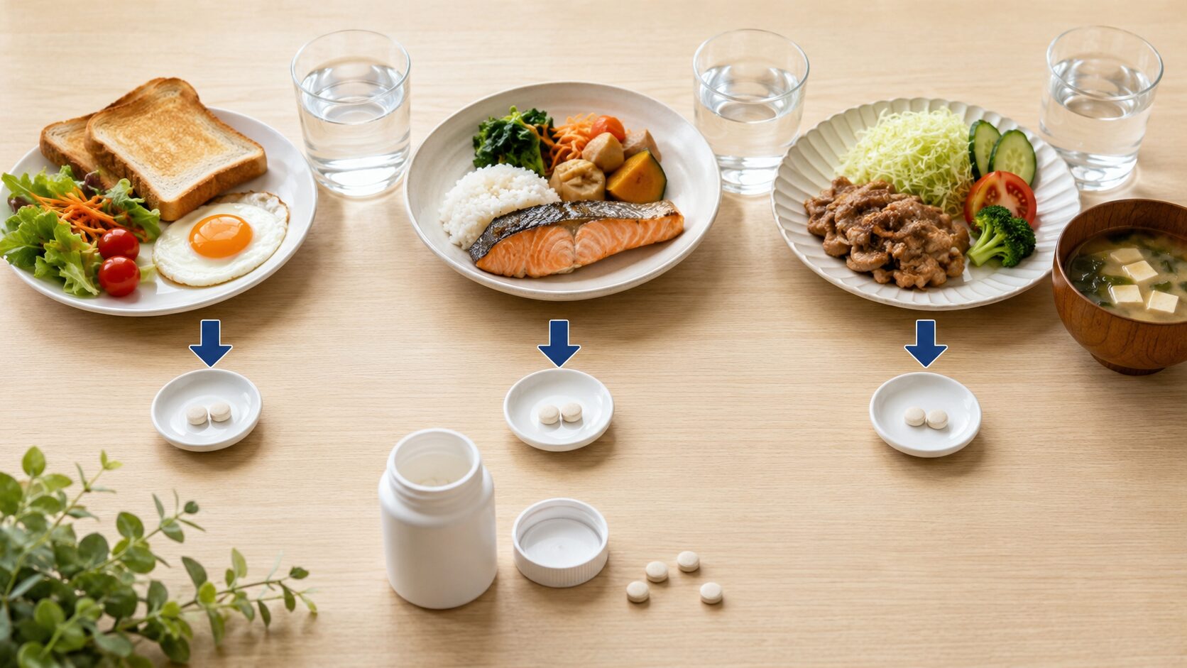 朝食・昼食・夕食後にエビオス錠を分けて飲むタイミングを示した食卓のイメージ