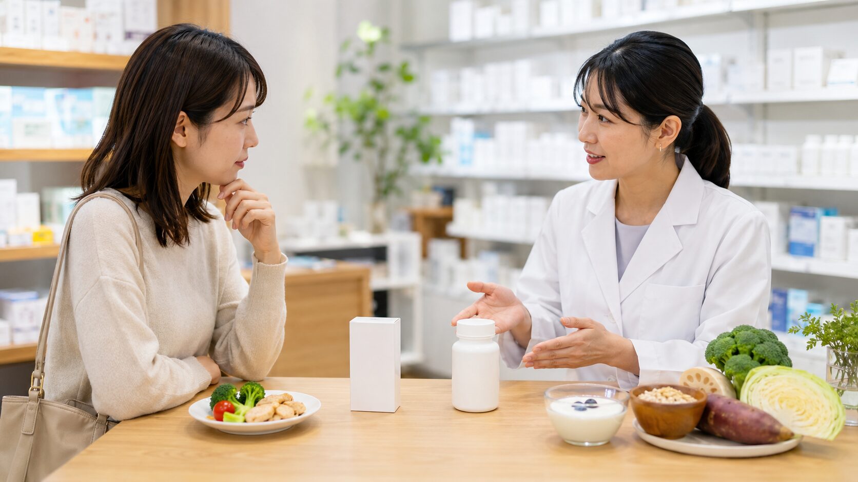 エビオス錠と整腸目的の製品の違いを薬局で相談する日本人女性と薬剤師