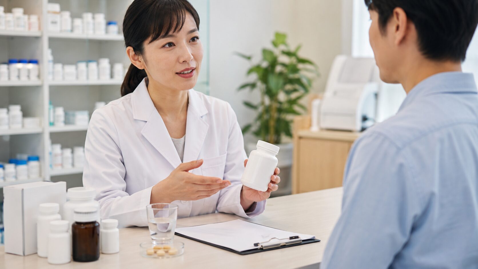 エビオス錠の飲み合わせや副作用について薬剤師に相談する日本人男性