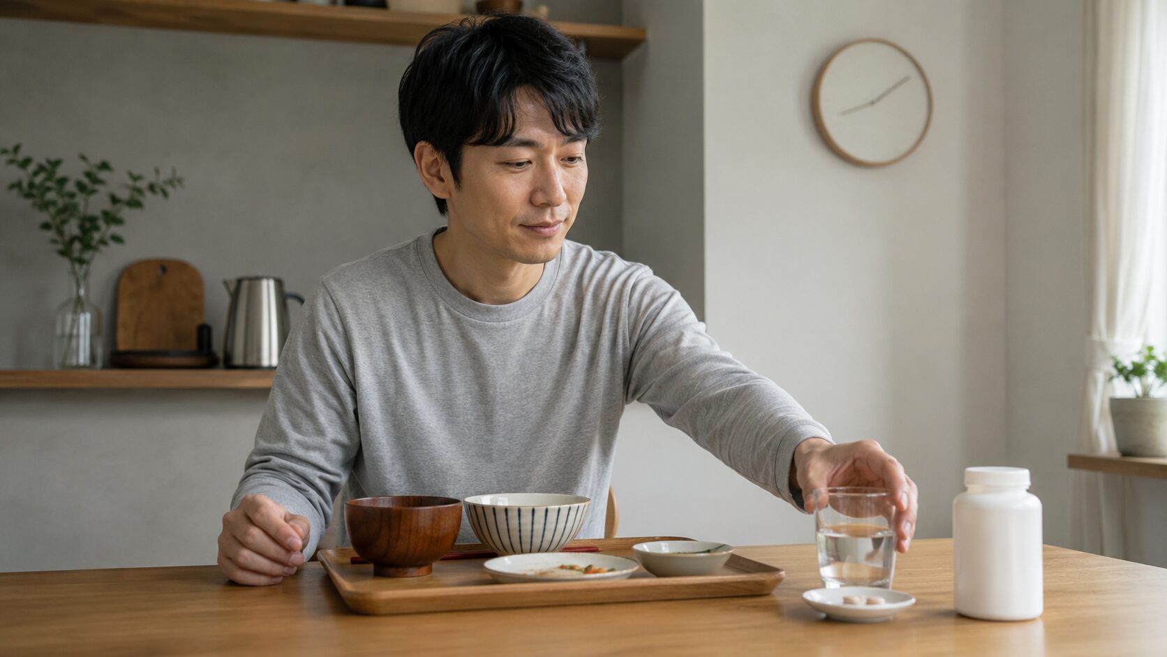 食後にエビオス錠を水で飲もうとする日本人男性と食事の様子