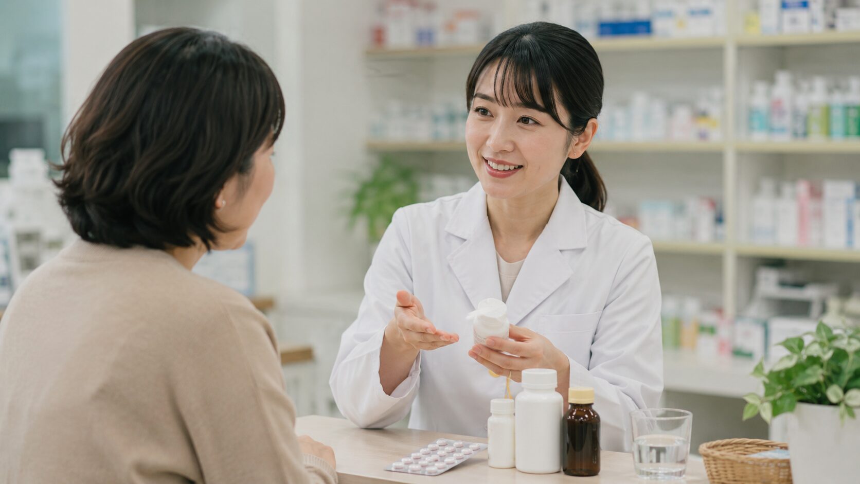 エビオス錠とビオスリーの併用や飲み合わせを薬剤師に相談する様子
