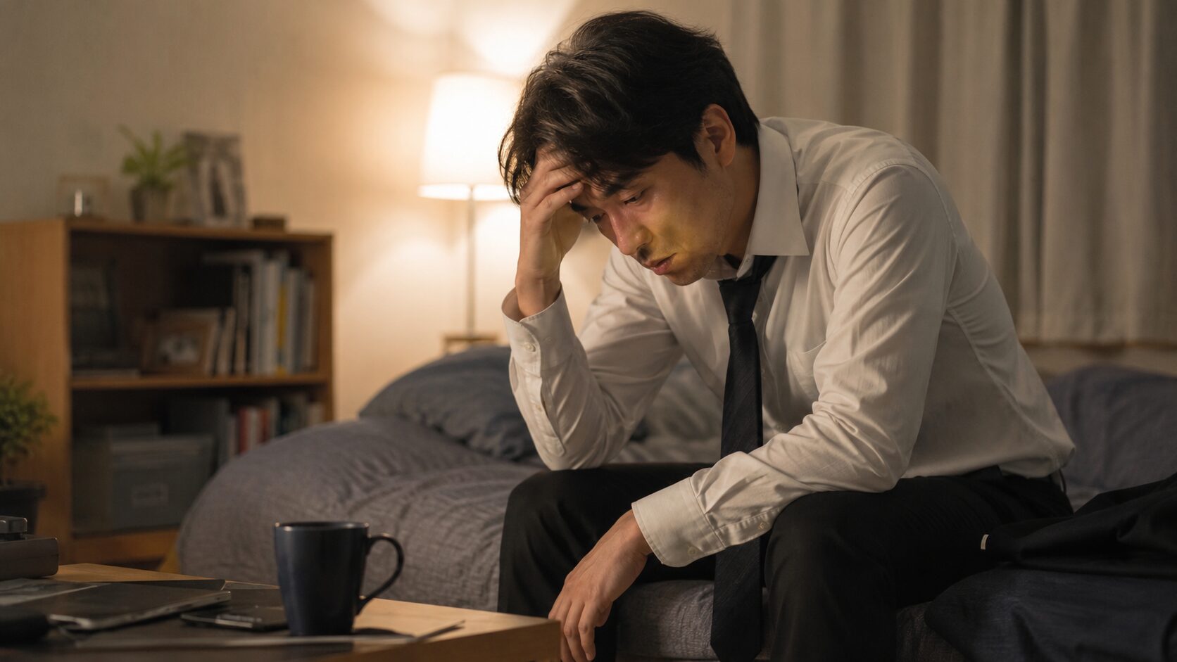 転職後のメンタル不調で帰宅後も強い疲労を感じる日本人男性