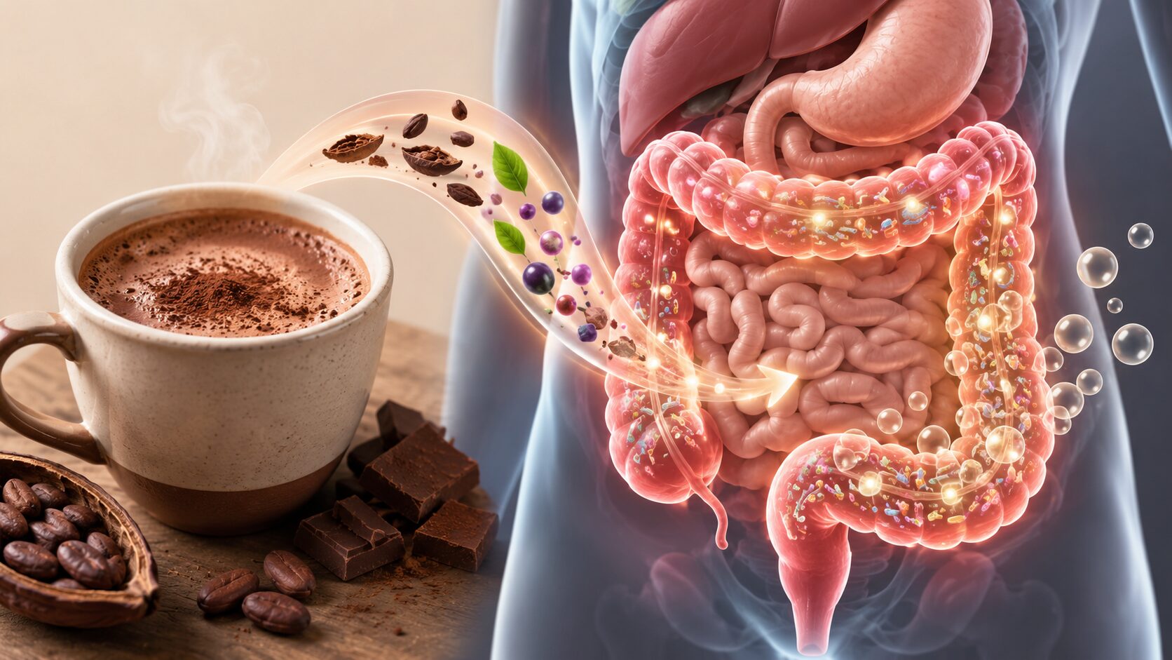 腸活ココアの食物繊維が腸内発酵でガスを生む仕組みのイメージ