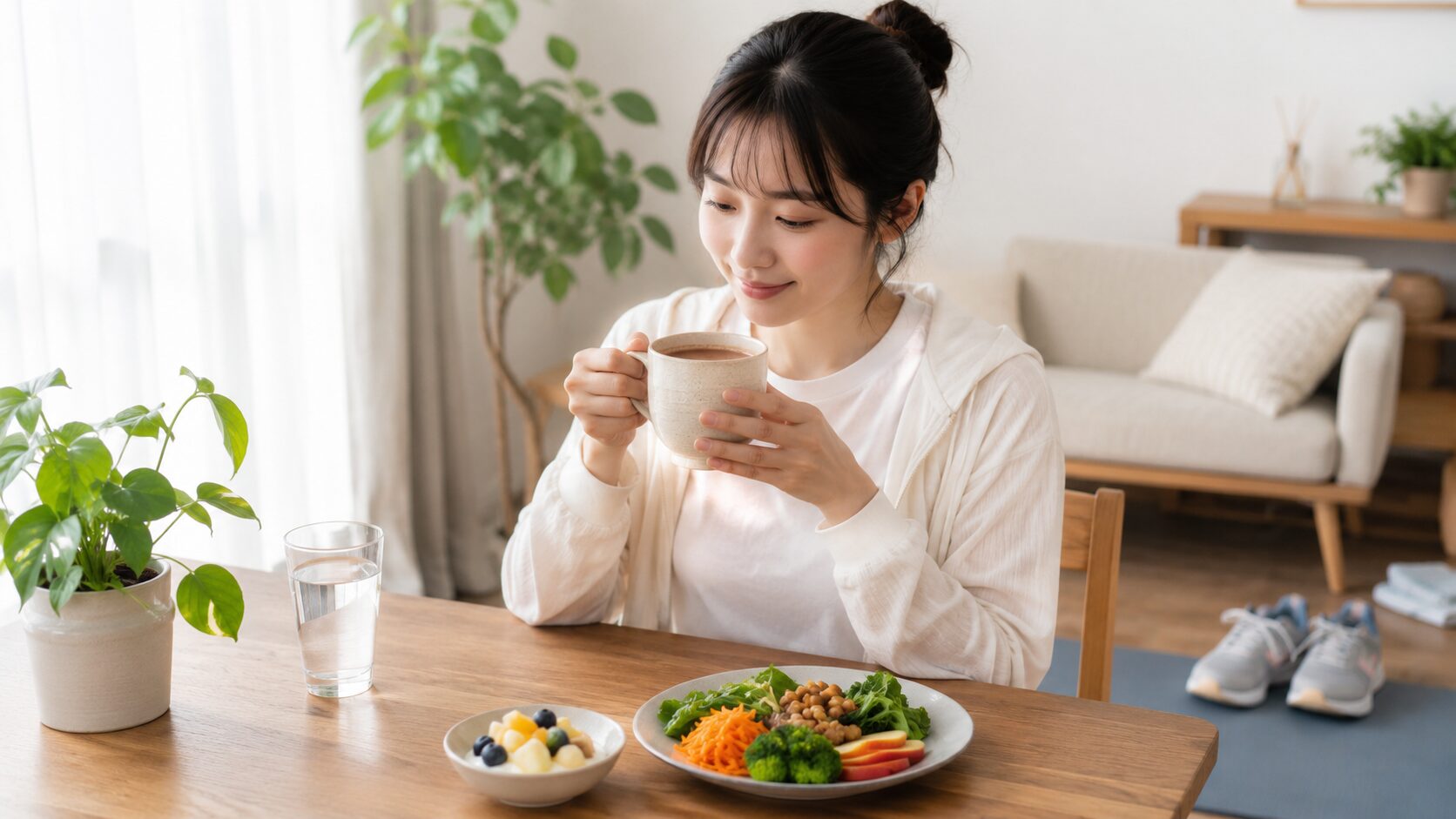 腸活ココアと水分や野菜を取り入れて無理なく整える日本人女性の朝食
