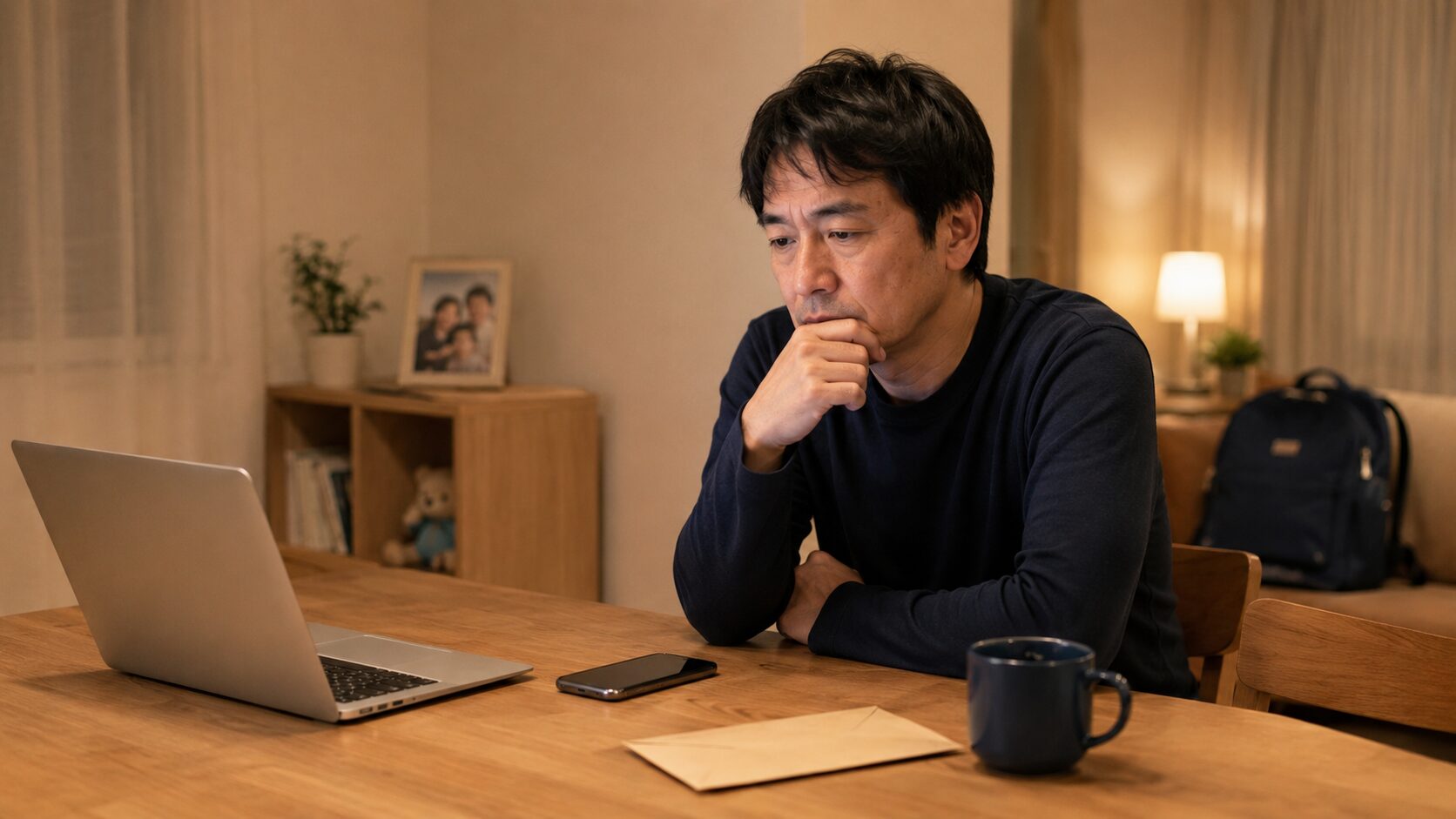 仕事や家庭、将来の悩みを自宅で考える40代男性
