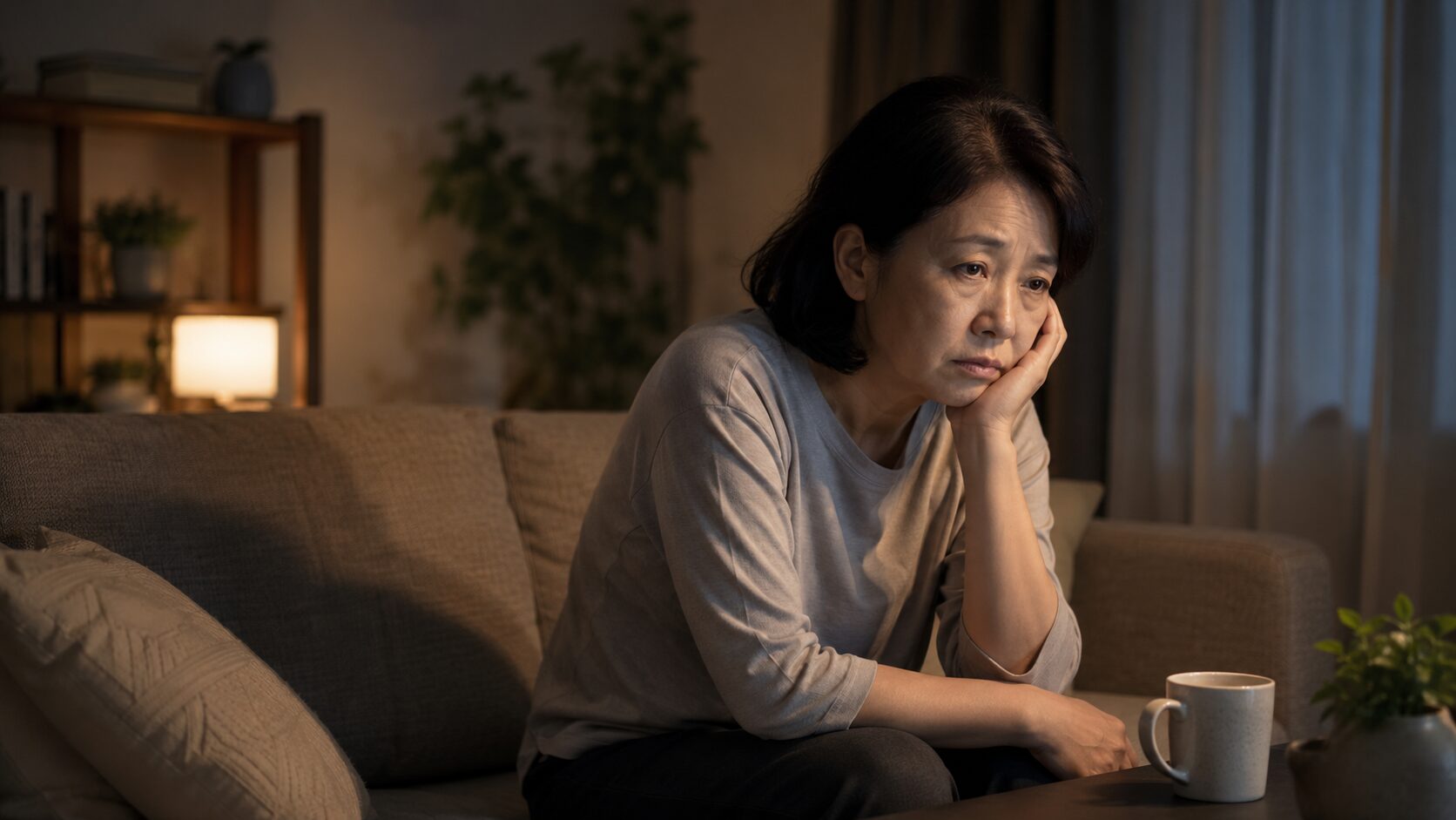 50代のメンタル不調で疲れた表情を見せる日本人女性