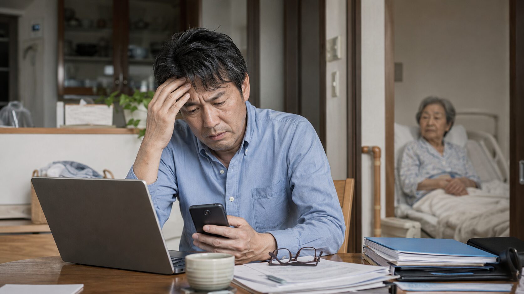 仕事と親の介護によるストレスを抱える50代の日本人男性