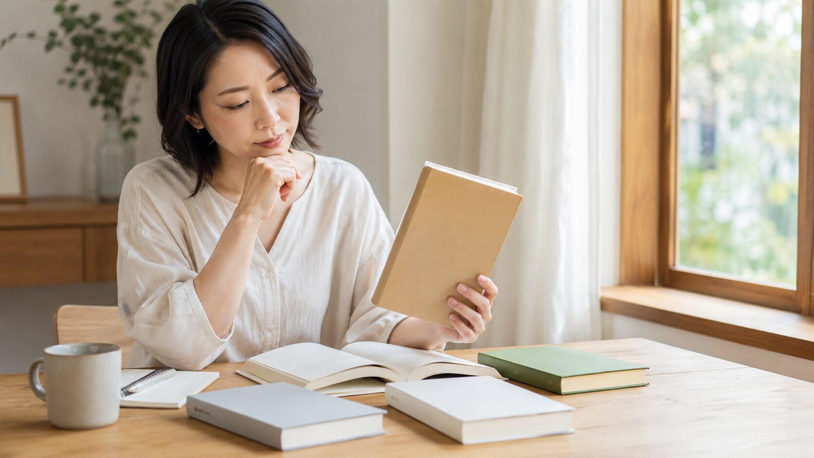 複数のメンタル本を比較して自分に合う一冊を選ぶ日本人女性