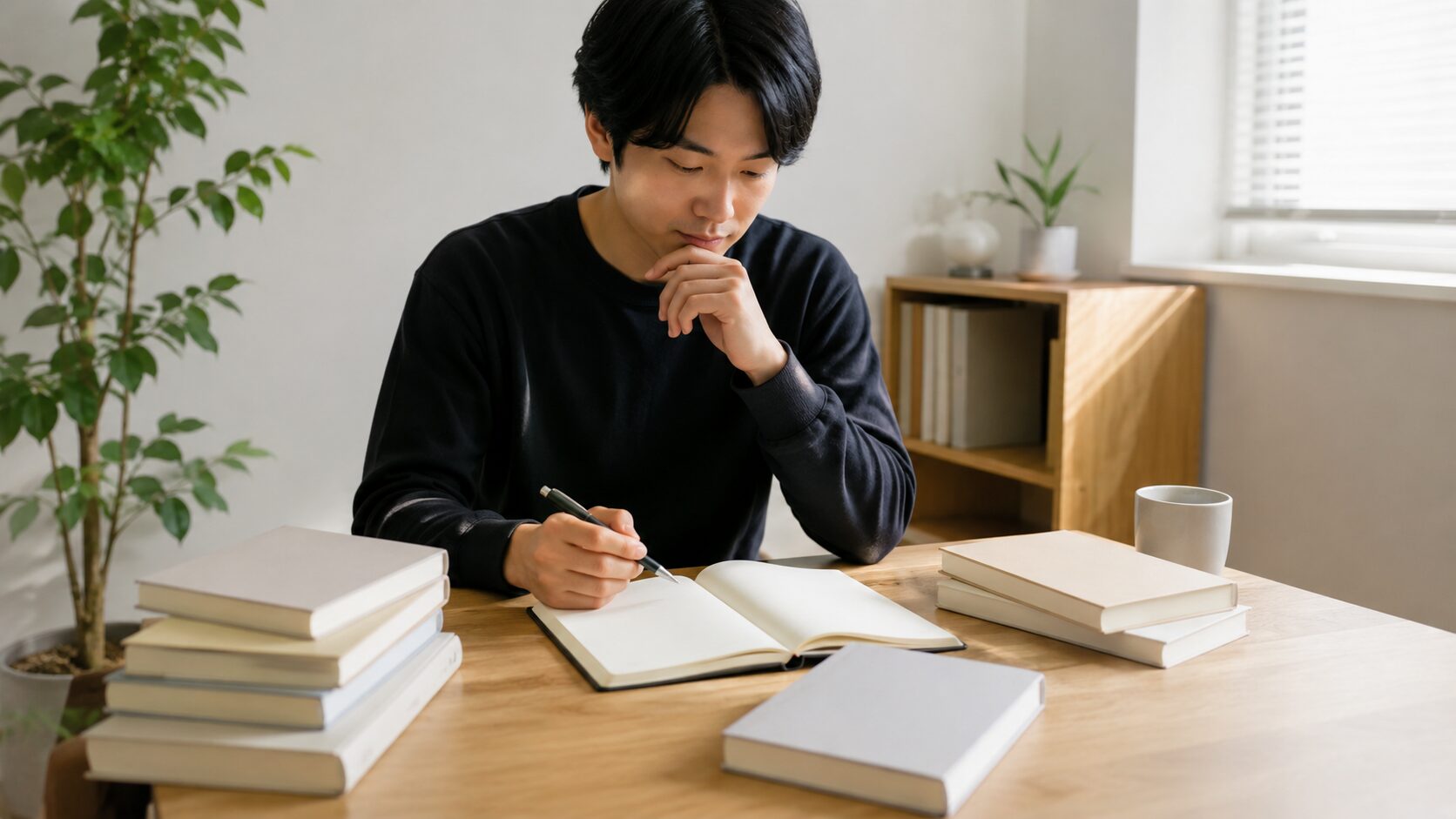 悩みや目的に合うメンタル本を選ぶためノートに気持ちを整理する日本人男性