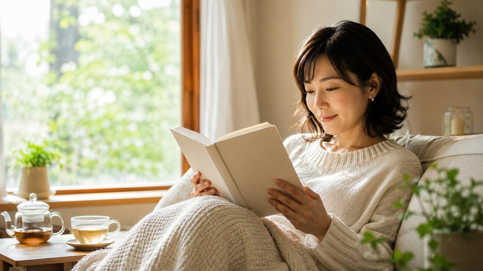 自宅のソファでメンタルケア本を読み穏やかにセルフケアを行う日本人女性