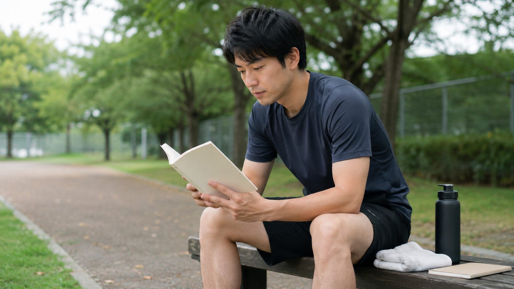 仕事やスポーツの目標達成に向けてメンタルトレーニング本を読む日本人男性